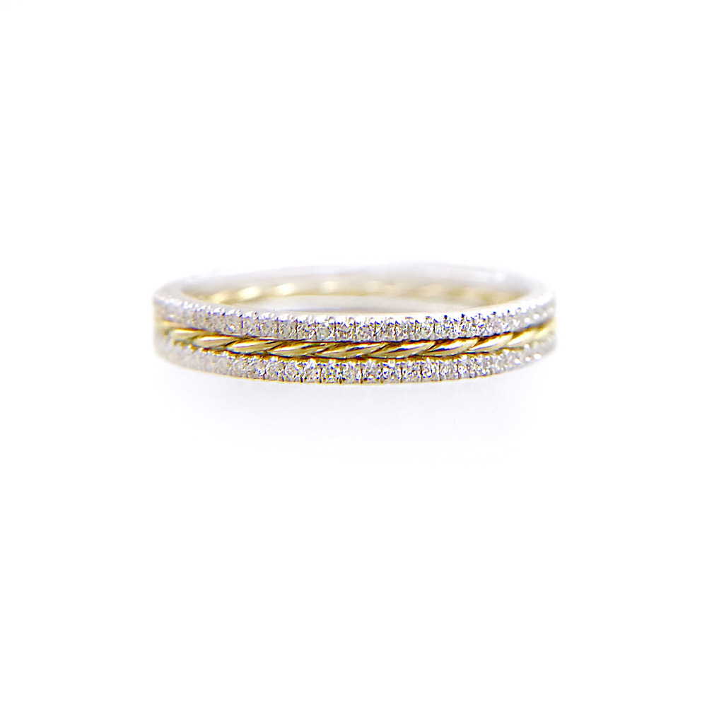 JeweLyrie Signature Slim Twist Double Pave Diamond Stripe Band Three Ring Stacking in 14k or 18k with total 0.39 carat of white diamonds