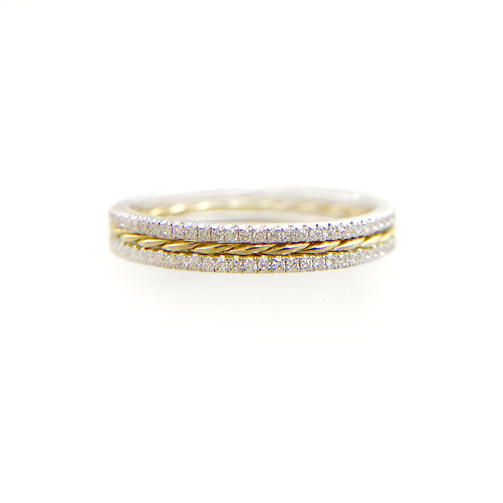 JeweLyrie Signature Slim Twist Double Pave Diamond Stripe Band Three Ring Stacking in 14k or 18k with total 0.39 carat of white diamonds