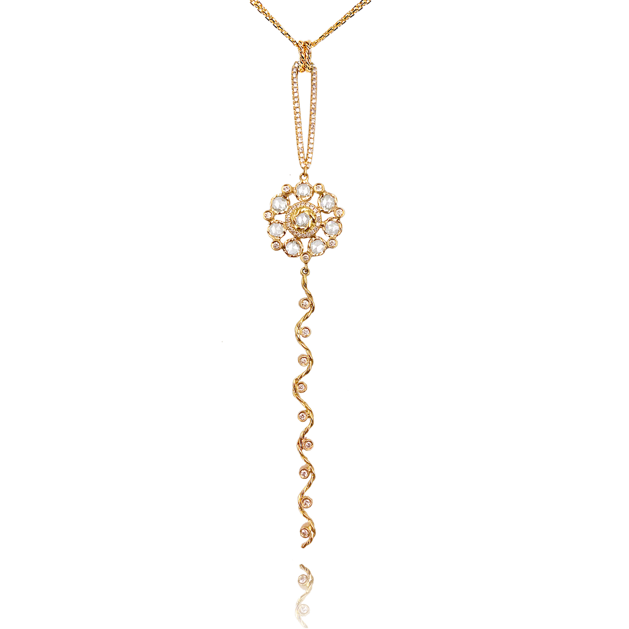 Rose-Cut-Diamond-Bouquet-Wavy-Twist-Ribbon-Pavé-Loop-Pendant-Necklace-18K-Gold-JeweLyrie