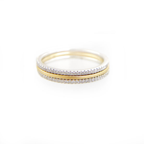 JeweLyrie Signature Slim Satin Double Pave Diamond Stripe Band Three Ring Stacking with stripe of Satin band and slim twist in 14k or 18k