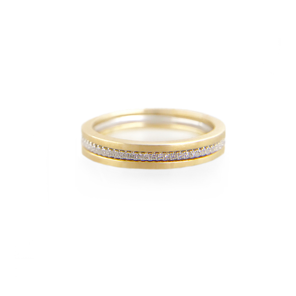 JeweLyrie Signature Slim Pave Diamond Double Satin Stripe Band Three Ring Stacking in 14k or 18k with total 0.19 carat of white diamonds