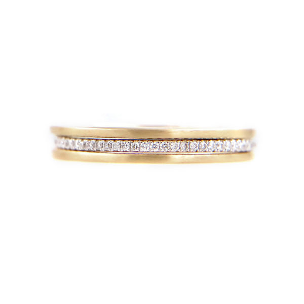 JeweLyrie Signature Slim Pave Diamond Double Satin Stripe Band Three Ring Stacking in 14k or 18k with total 0.19 carat of white diamonds