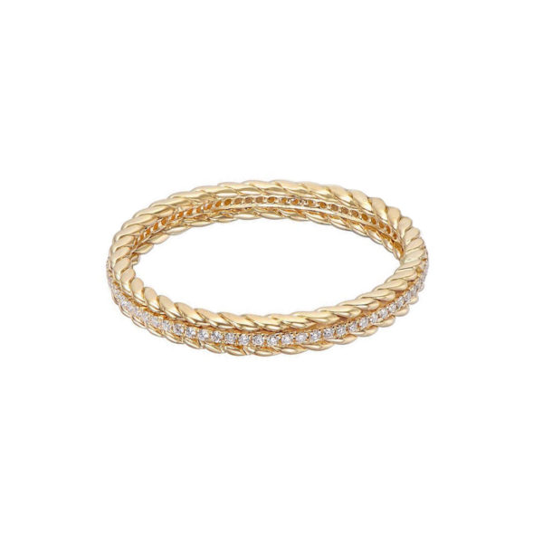 Double Twist Trimmed Pavé Diamond Eternity Band Ring Guard available in 14k and 18k, yellow, white and rose gold by JeweLyrie.