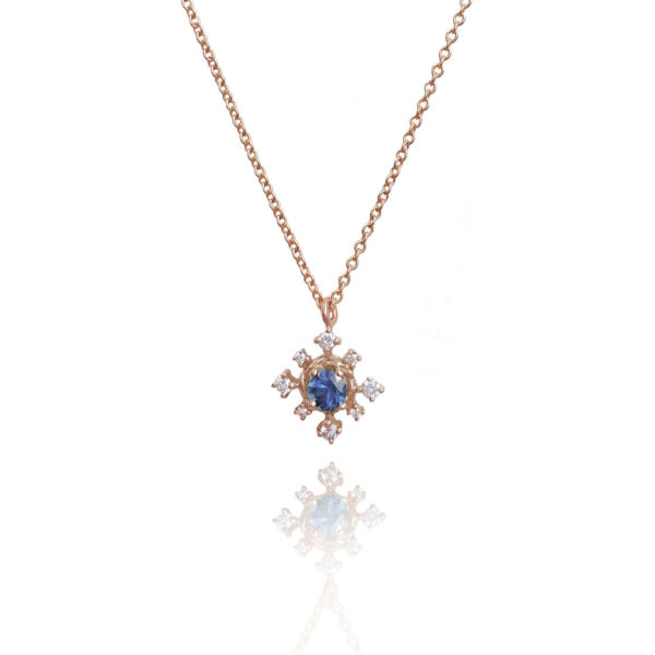 Blue sapphire diamond star drop pendant necklace with JeweLyrie signature twist setting handcrafted in 14k and 18k made to order free domestic shipping