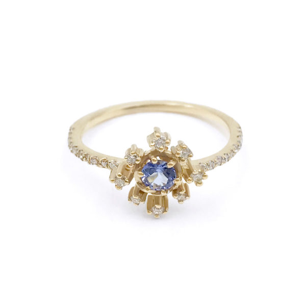 Blue sapphire diamond star ring with pavé diamond half shank handcrafted in 14k and 18k made to order by JeweLyrie free domestic shipping