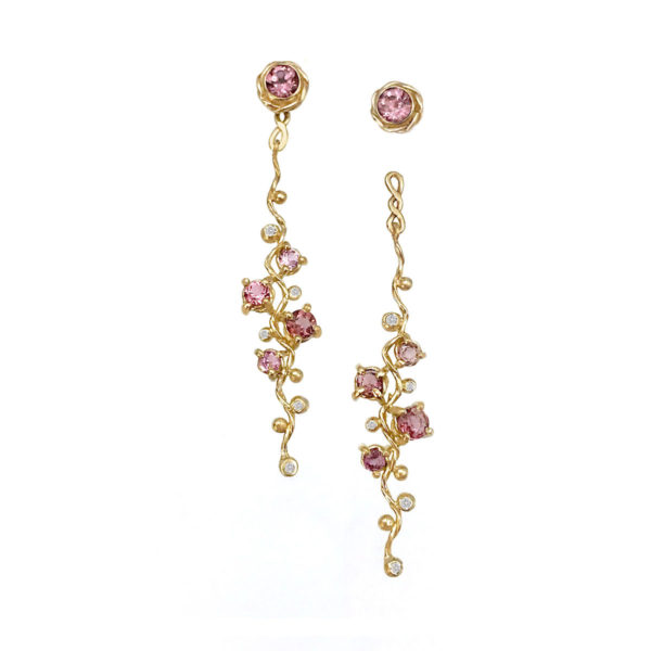 Pink Spinel and diamond four stone twist vine convertible stud dangle earrings by JeweLyrie made to order in 14k and 18k free domestic shipping