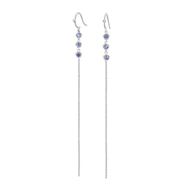 Signature twist base prong set tanzanite three stone threaders dangle earrings handcrafted in 14k 18k by JeweLyrie free domestic shipping