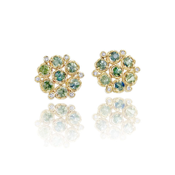 Signature twist base prong set blue and green sapphire bouquet cluster studs gold earrings handcrafted made to order by JeweLyrie free domestic shipping