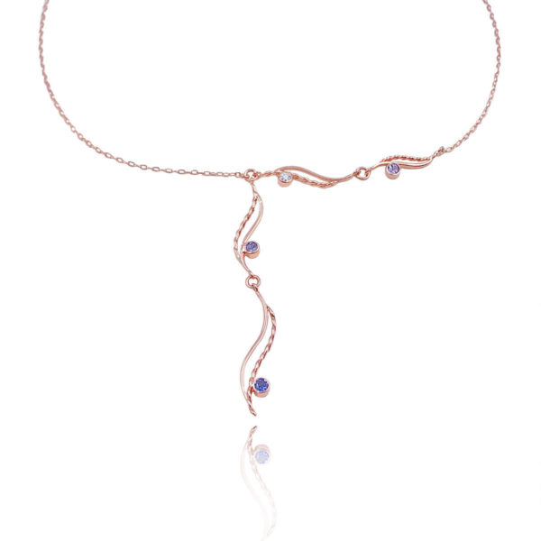 Double wave twist gemstone and diamond accent journey asymmetrical Y necklace light and elegant made to order in 14k,18k by JeweLyrie free domestic shipping