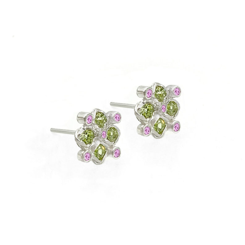 Signature twist bezel set peridot and bezel set pink sapphire checker studs gold earrings in 14k, 18k, made to order free domestic shipping by JeweLyrie