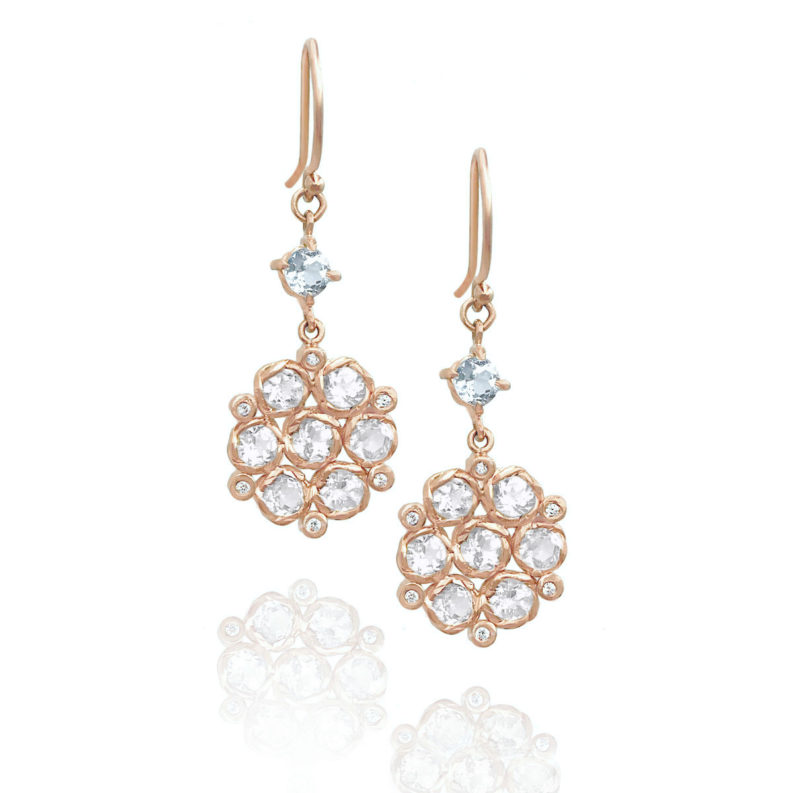 Aquamarine accent white zircon bouquet drop earrings in JeweLyrie signature twist settings made to order free domestic shipping