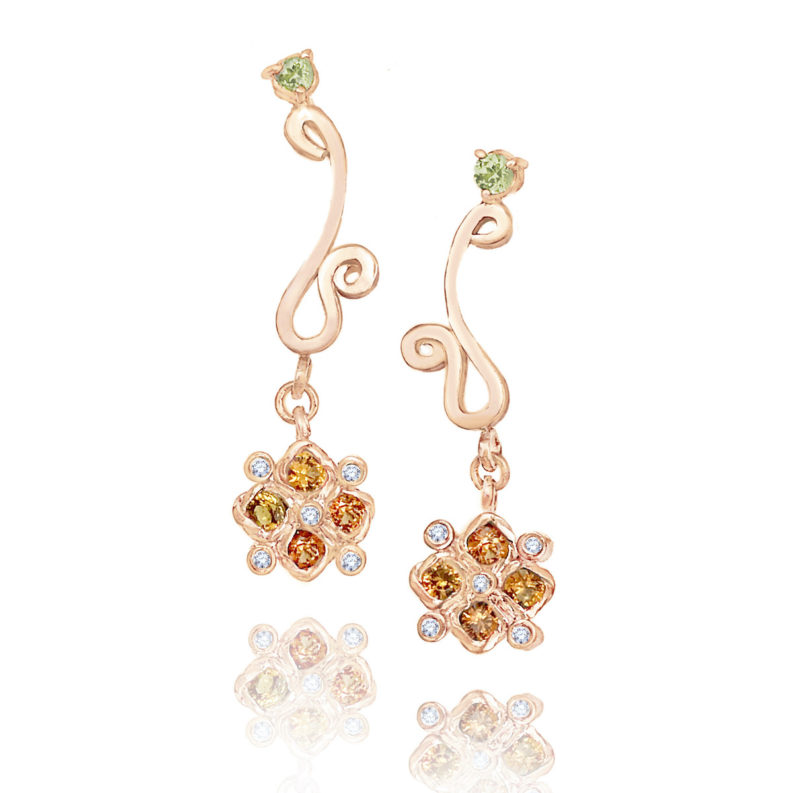 Orange sapphire & diamond checker cluster drop earrings with JeweLyrie logo and peridot accents, light and elegant made to order free domestic shipping