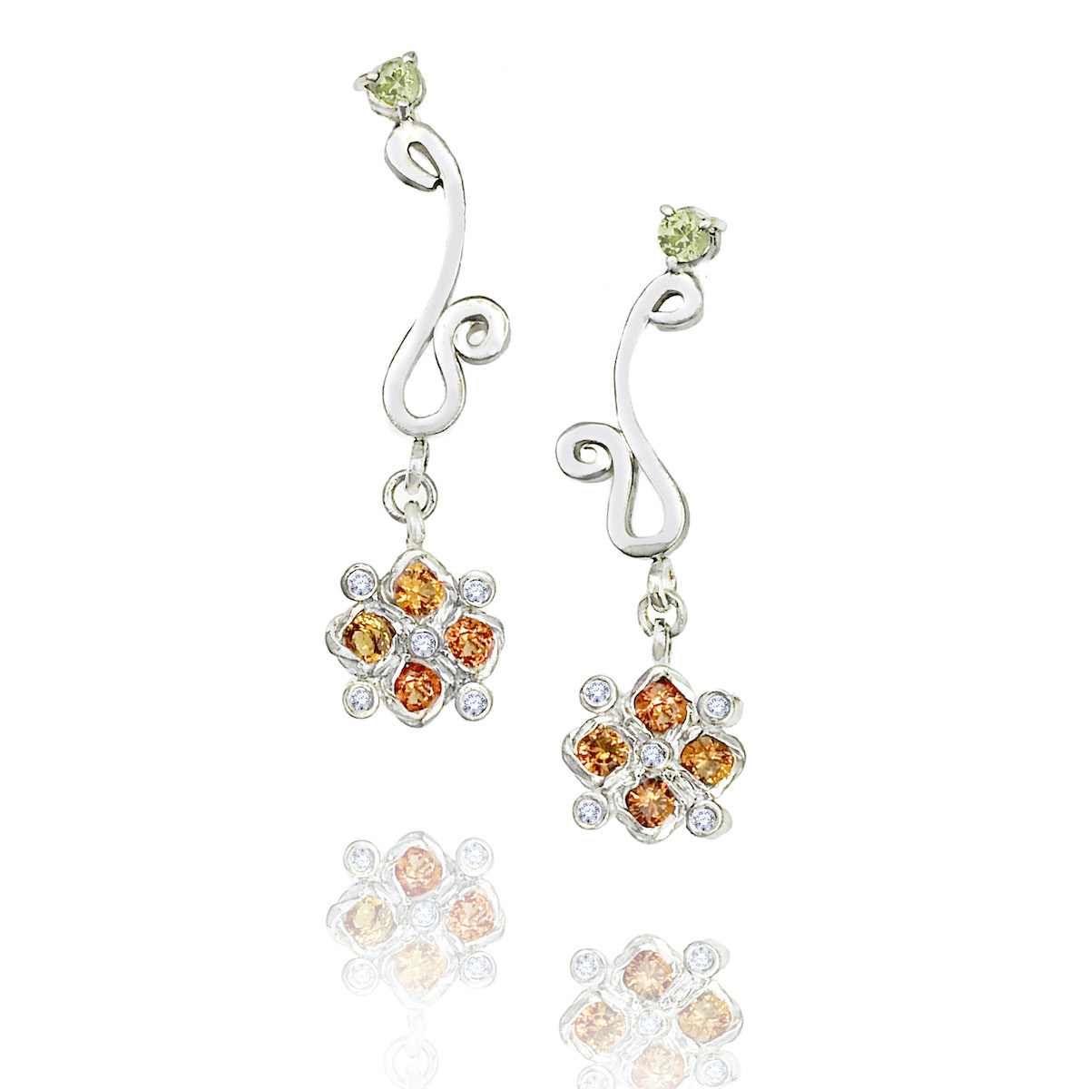 orange-sapphire-peridot-checker-cluster-drop-earrings-14k-18k-jewelyrie