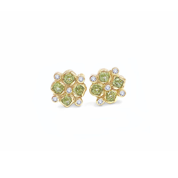 Signature twist bezel set peridot and bezel set diamond checker studs gold earrings handcrafted made to order free domestic shipping by JeweLyrie