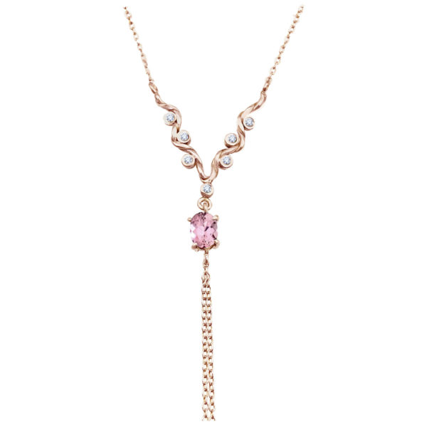 Twist wave Y necklace with oval pink tourmaline and chain tassel handcrated in 18k 14k by JeweLyrie everyday elegance free domestic shipping