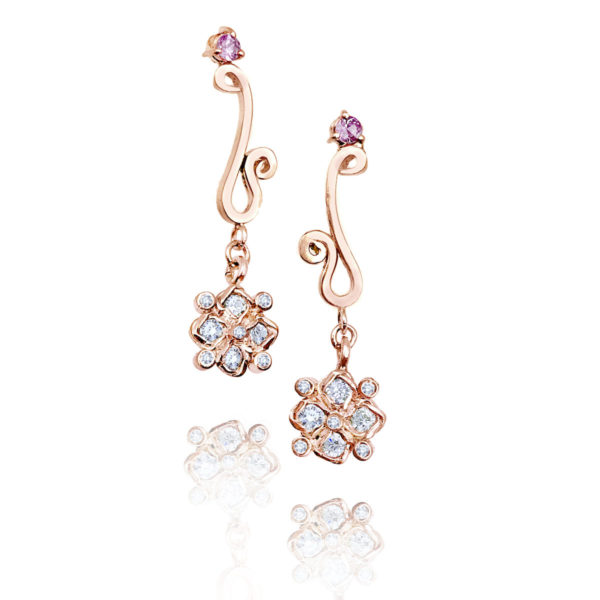 White zircon & diamond checker cluster drop earrings with JeweLyrie logo and pink tournaline accents light and elegant made to order free domestic shipping