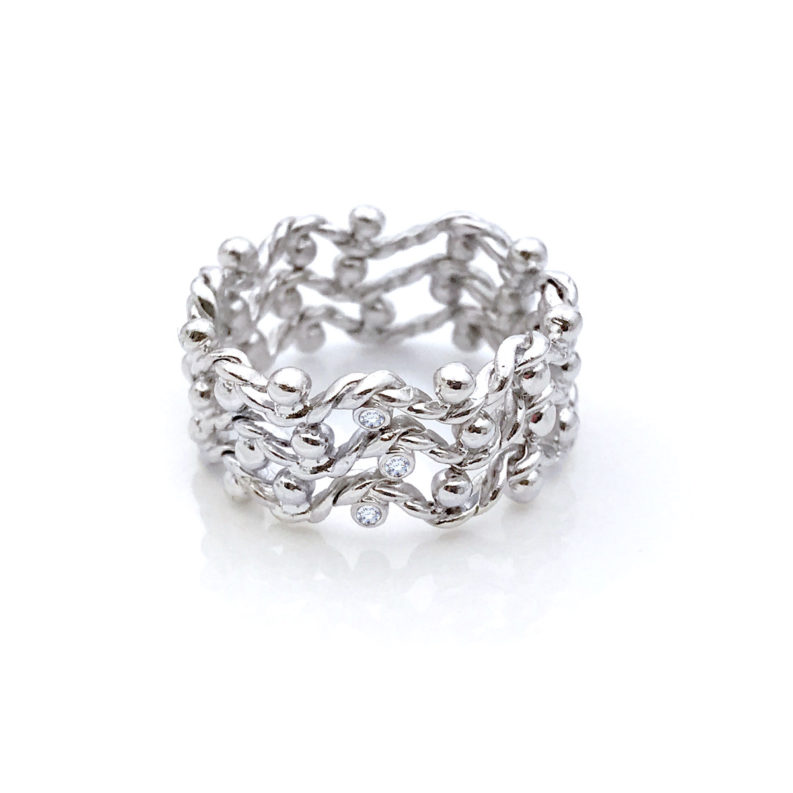 Triple twist wave chevon open lace band with three center diamond accents made to order in 18k, 14k, by JeweLyrie, free domestic shipping