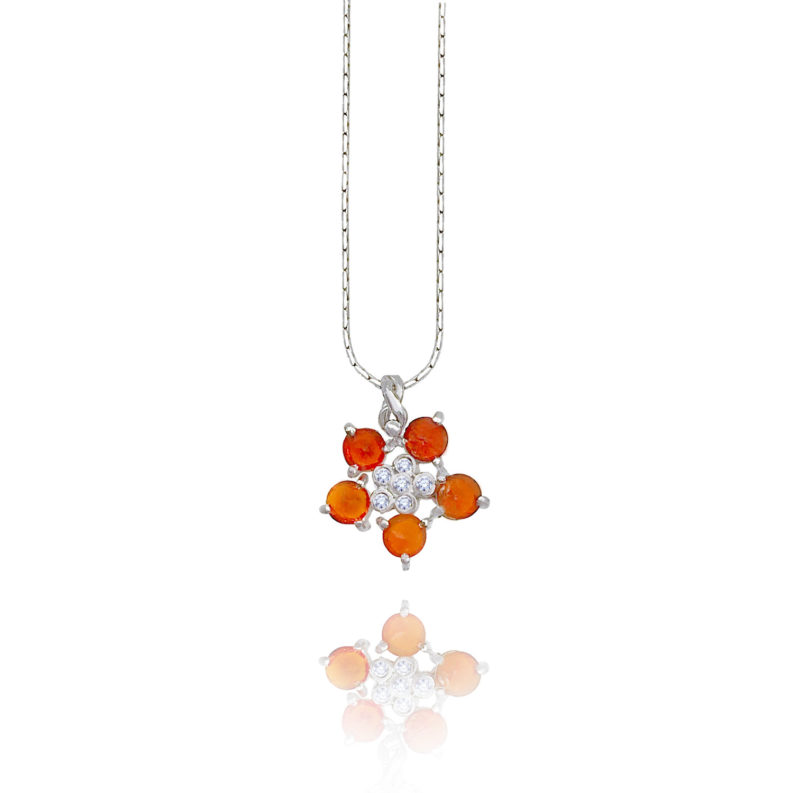 Forget-Me-Not flower pendant necklace with red-orange fire opal and diamonds made to order in 14k, 18k, free domestic shipping by JeweLyrie