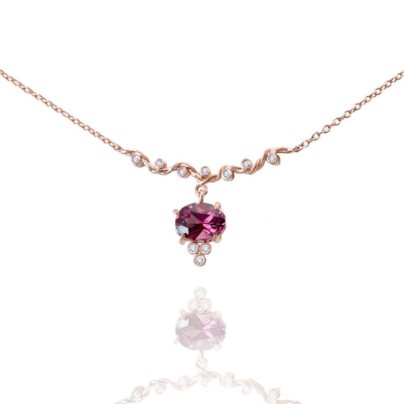 Rhodolite Garnet drop and diamond twist wave station necklace handcrafted made to orer in 18k 14k by JeweLyrie free domestic shipping