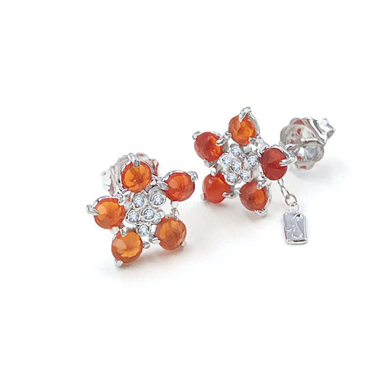 Forget Me Not flower studs earring with fire opal and diamonds made to order in 14k, 18k, free domestic shipping by JeweLyrie