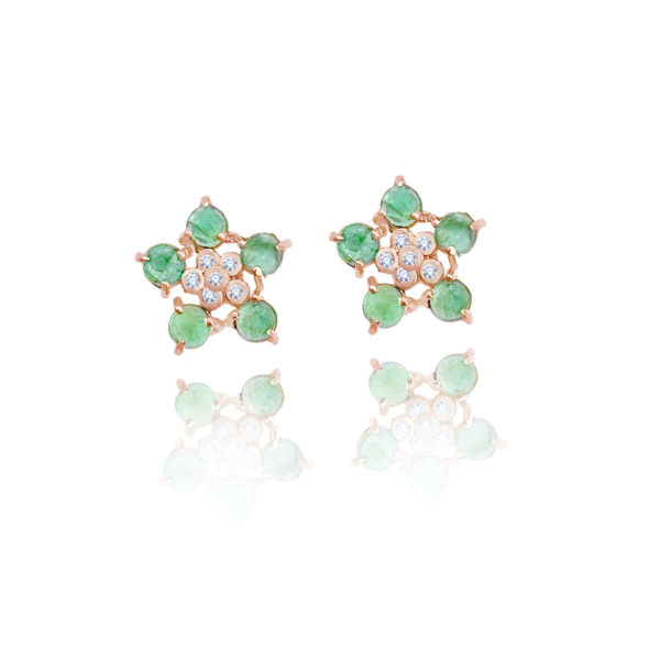 Forget-Me-Not flower studs earring with emerald and diamonds made to order in 14k, 18k, free domestic shipping by JeweLyrie