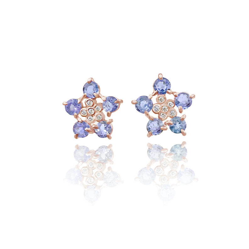 Forget-Me-Not flower studs earring with tanzanite and diamonds made to order in 14k, 18k, free domestic shipping by JeweLyrie