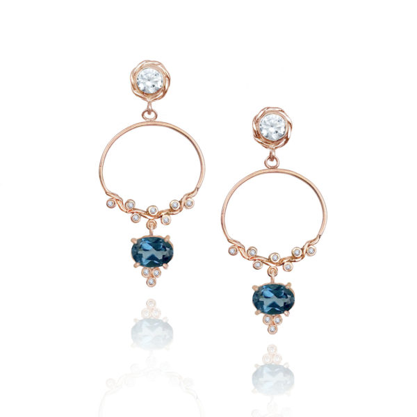 Diamond half twist hoop post earrings with London Blue Topaz drop made to order in 14k 18k by JeweLyrie free domestic sipping