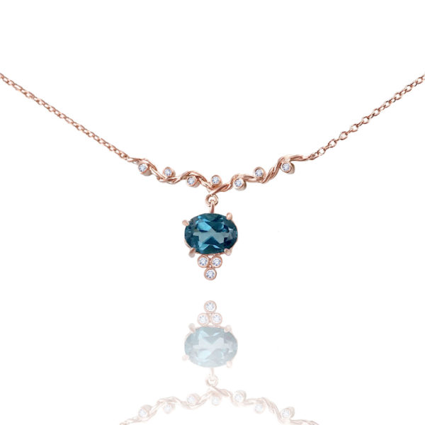 London blue topaz drop and diamond twist wave station necklace handcrafted made to orer in 18k 14k by JeweLyrie free domestic shipping