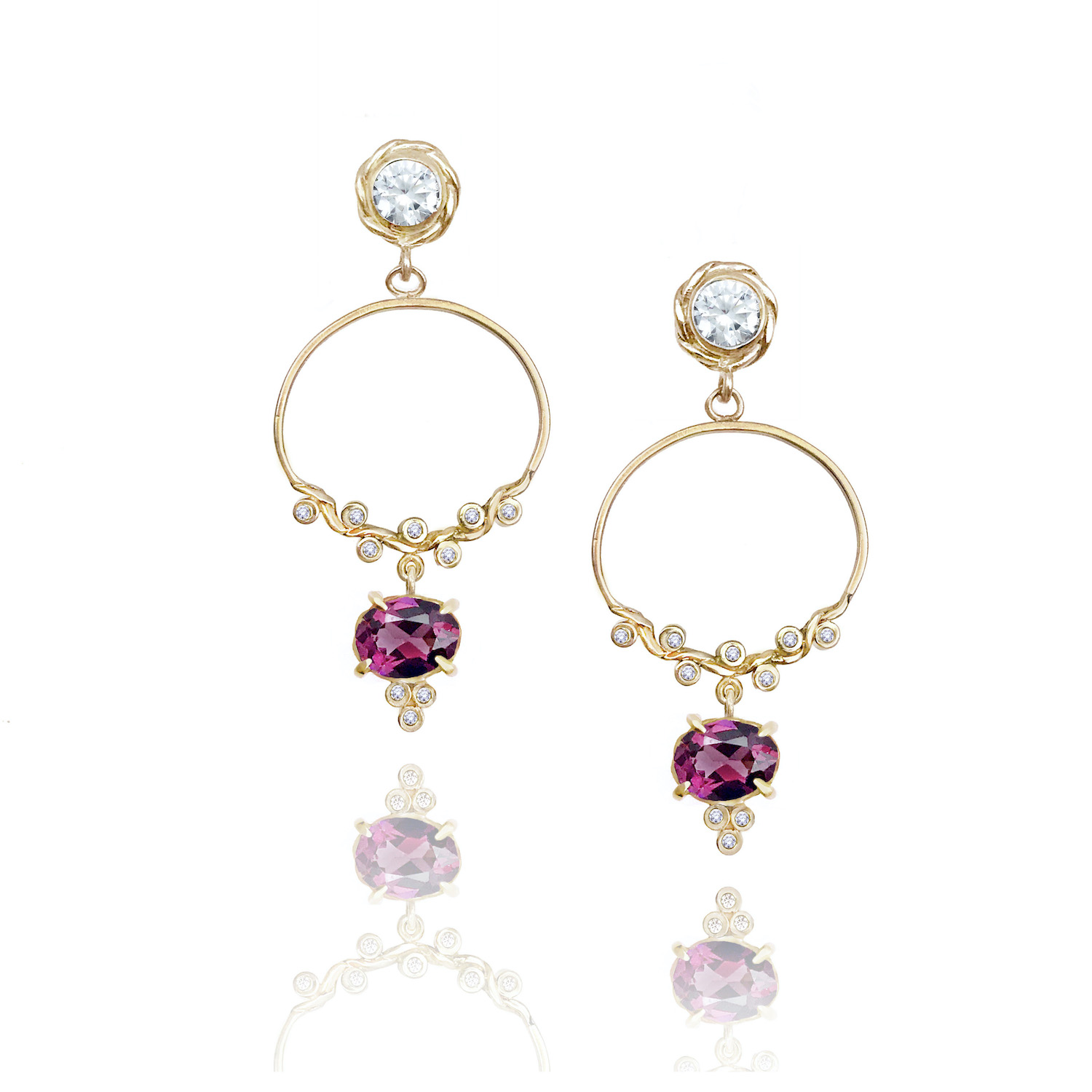 rhodolite-garnet-drop-diamond-twist-hoop-post-earrings-14k-18k-YG-jewelyrie