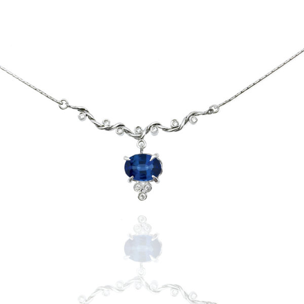 Blue sapphire drop and diamond twist wave station necklace handcrafted made to orer in 18k 14k by JeweLyrie free domestic shipping