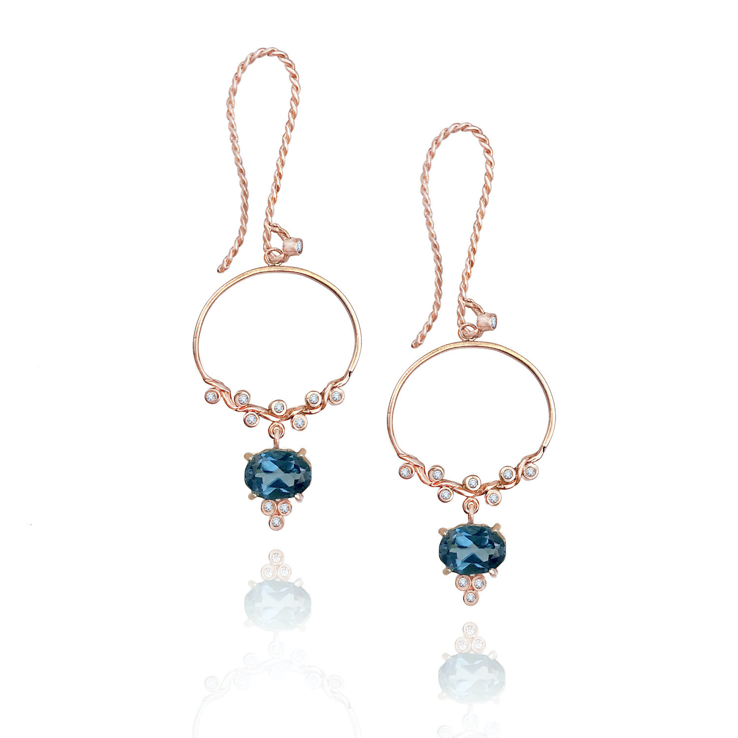 London-blue-topaz-twist-dangle-hoop-gem-drop-earrings-14k-RG-jewelyrie