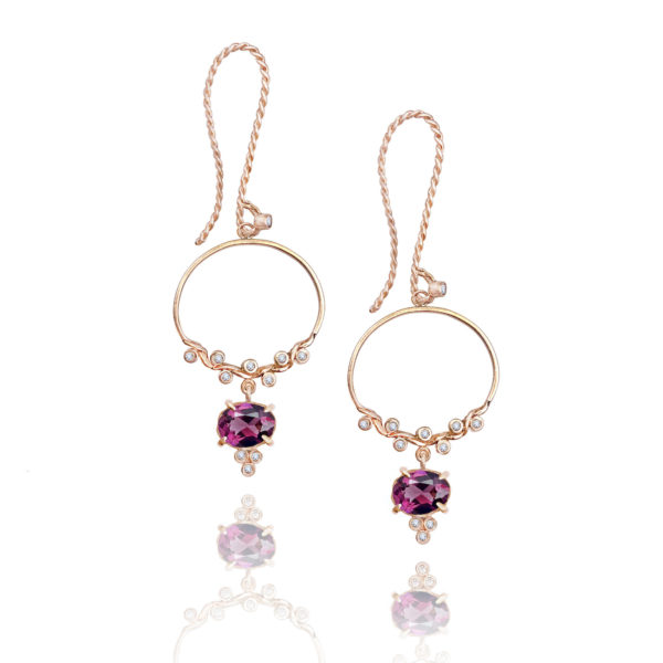 JeweLyrie signature twist half hoop garnet drop earrings with elongated french earhook 14k 18k made to order free domestic shipping
