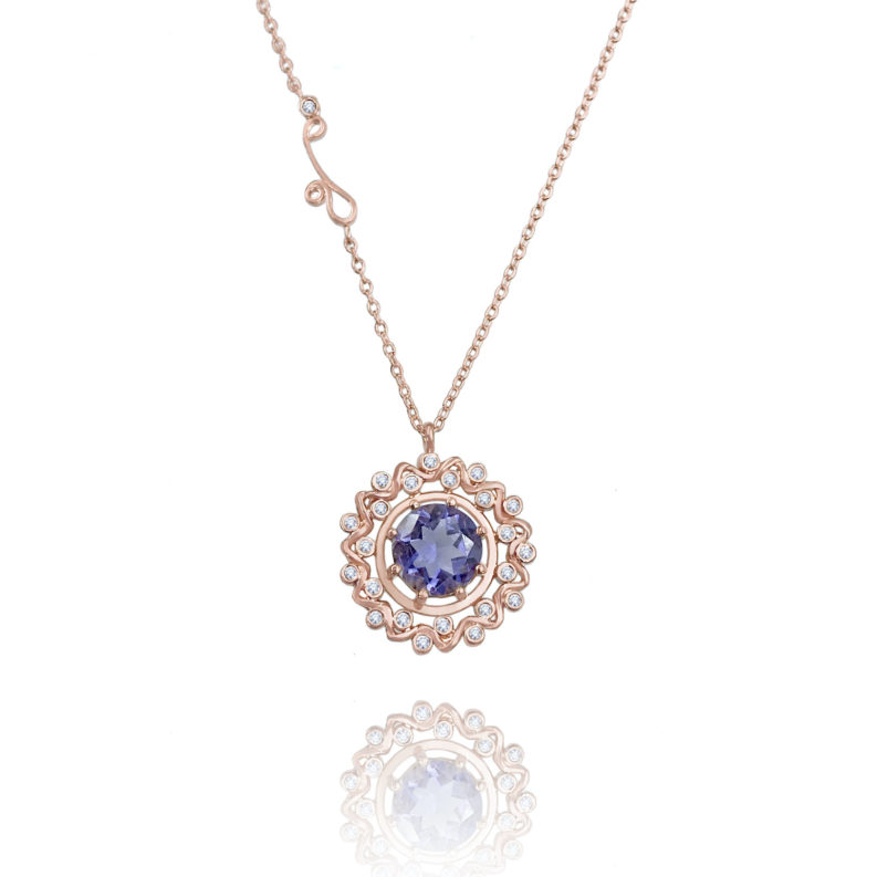 Prismatic bluish-purple Tanzanite pendant necklace wrapped with twist wave diamond halo in 14k and 18k by JeweLyrie free domestic shipping