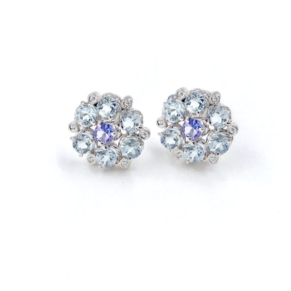 Signature twist base prong set floral cluster studs gold earrings with aquamarine petals and tanzanite center 14k 18k handcrafted by JeweLyrie