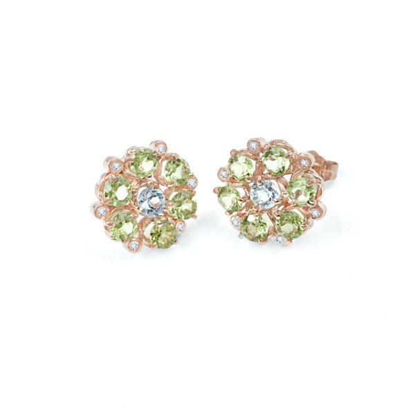 Signature twist base prong set floral cluster studs gold earrings with peridot petals and aquamarine center 14k 18k handcrafted by JeweLyrie