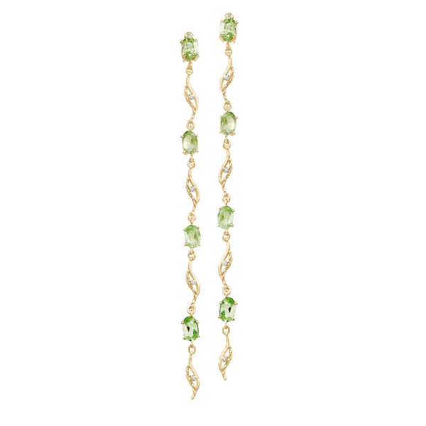 Twist open wave peridot wave station diamond accent duster dangle earrings made to order in 14k by JeweLyrie free domestic shipping