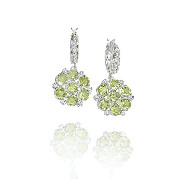 Signature twist base prong set Peridot bouquet cluster dangle earrings with twist trimmed pavé diamond huggie by JeweLyrie